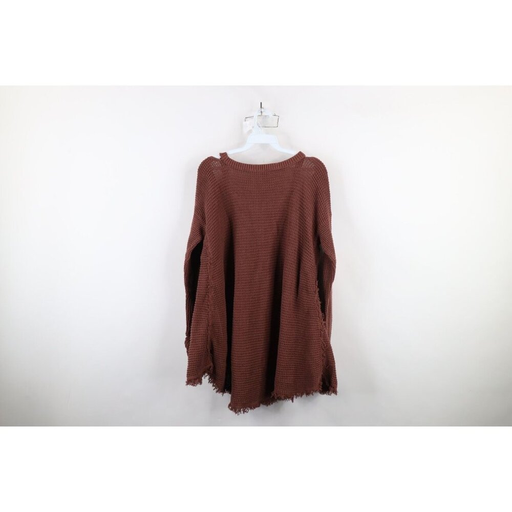 Free People Womens Large Faded Fringed Cold Shoulder Thermal Knit Sweater Brown - Picture 11 of 13